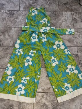 NALII HONOLULU 100% COTTON EUC VINTAGE WIDE LEG FLORAL BELTED JUMPSUIT